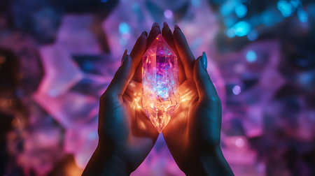 Hands holding a magic crystal. Conceptual image of magic.の素材