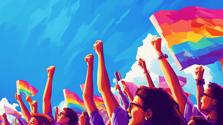 Group of people with raised hands and rainbow flag in the blue skyの素材