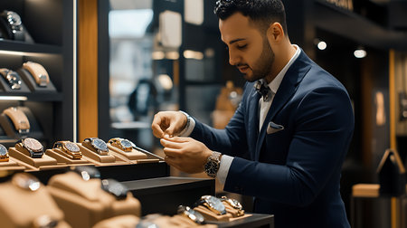 Handsome young man choosing luxury jewellery in a jewelry storeの素材