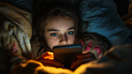 Young woman using mobile phone in bed at night. Close up of girl with smartphone.の素材