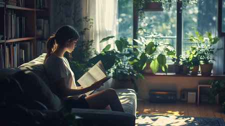 Young woman reading a book while sitting on a sofa at home.の素材