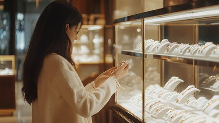beautiful asian woman shopping in luxury jewellery store, she is choosing a pair of shoesの素材