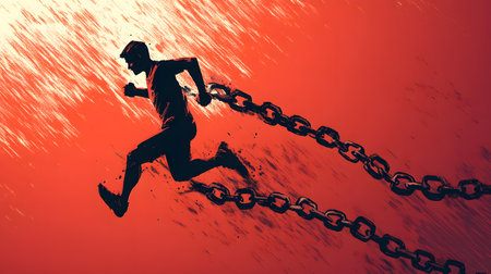 Silhouette of a running man with chain on a red backgroundの素材