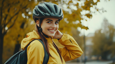 Portrait of a beautiful young woman in a helmet and a yellow jacket on the background of the autumn park.の素材