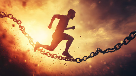 Running man silhouette with chain on sunset background. Mixed media. Mixed mediaの素材