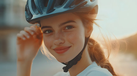 Close-up portrait of a beautiful young woman wearing a bicycle helmet.の素材