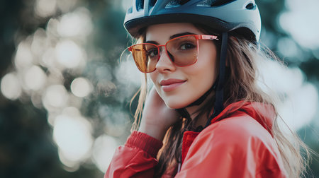 Portrait of a beautiful young woman wearing a helmet and glasses.の素材