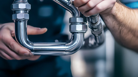 Close-up Of Plumber's Hand Fixing Plumbing Pipeの素材