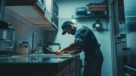 Portrait of a young plumber working in the kitchen at night.の素材