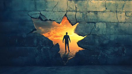 Silhouette of a man looking out of a hole in the wallの素材