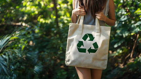 Woman holding reusable eco bag with green recycle symbol in the garden.の素材