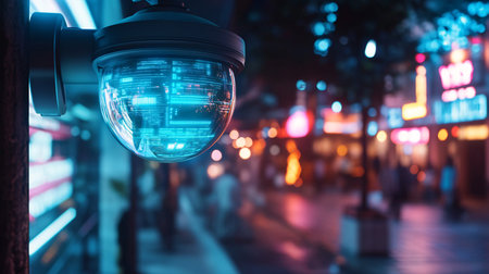 CCTV security camera on night city street with bokeh backgroundの素材
