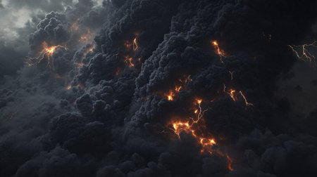 Fiery explosion in the dark sky. 3d render illustration.の素材