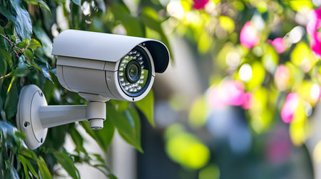 CCTV security camera or surveillance system in the garden with nature backgroundの素材