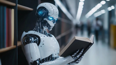 Robot reading a book in the library. Artificial intelligence concept.の素材
