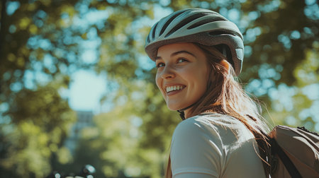 portrait of smiling young woman in bicycle helmet looking away in parkの素材