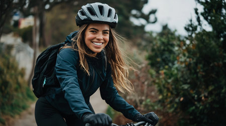 Portrait of a young woman riding a mountain bike in the countrysideの素材