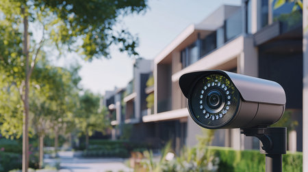CCTV security camera in front of new modern luxury house, outdoorの素材