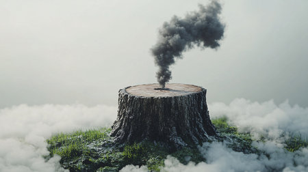 Smoke coming out of a tree stump in a foggy forestの素材