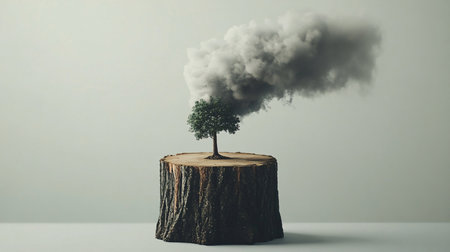 Tree on a stump with smoke coming out of it. 3d renderingの素材