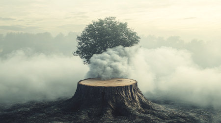 Tree growing on a stump in the foggy morning, 3d illustrationの素材