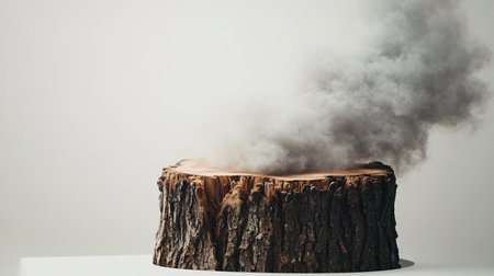 Wooden stump with smoke on a white background. 3d renderingの素材