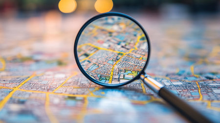 Magnifying glass on map of the city with bokeh backgroundの素材