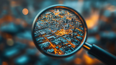 Magnifying glass over a big city. 3D illustration. Selective focus.の素材
