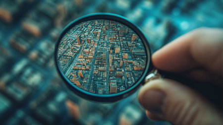 Magnifying glass in the hand of a man against the background of the cityの素材