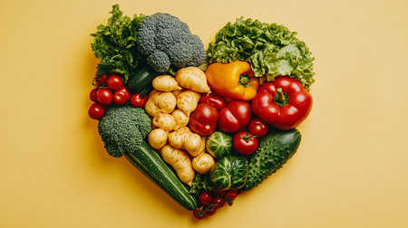 Heart shape made of fresh vegetables on yellow background. Healthy food concept.の素材