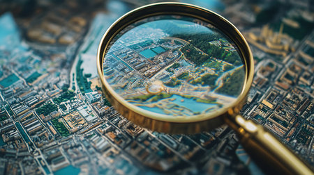 Magnifying glass over a city map. Selective focus on the map.の素材