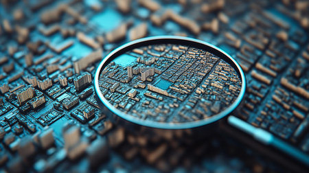 Magnifying glass on electronic circuit board. Technology concept. 3D Renderingの素材