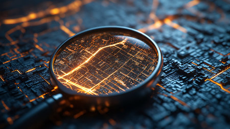 Magnifying glass on the background of a city map. 3D renderingの素材
