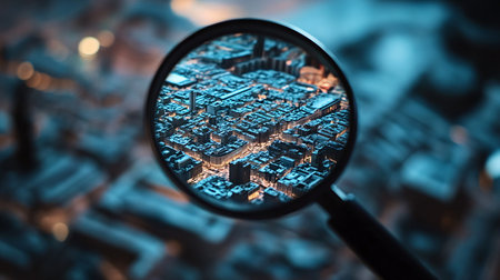 magnifying glass on the city at night. 3d illustrationの素材