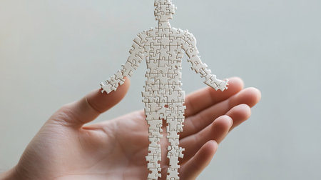 Close up of human hands holding jigsaw puzzle in form of manの素材