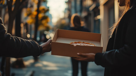Cropped image of young couple taking pizza out of paper box in the streetの素材
