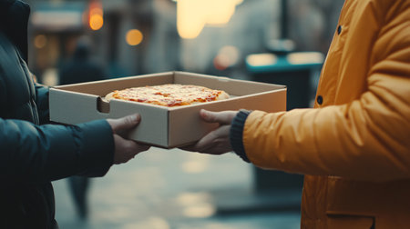 cropped view of delivery man giving pizza to woman on city streetの素材