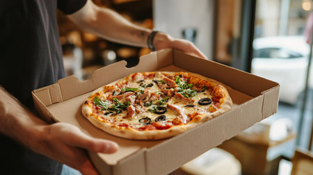 Man taking pizza from cardboard box in cafe, close-up.の素材
