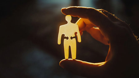Silhouette of a man holding a wooden figure of a man in his handsの素材