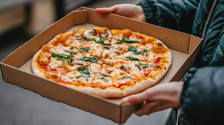 Close up of pizza in a cardboard box in the hands of a woman.の素材