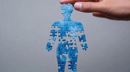 Puzzle pieces with human figure as a metaphor for autism awareness dayの素材
