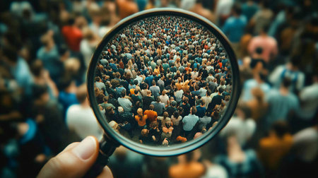 Magnifying glass on a crowd of people in a conference hall.の素材