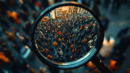 Magnifying glass over crowd of people. 3d rendering, 3d illustration.の素材