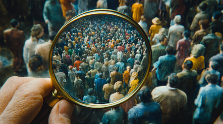 Magnifying glass in the hand of a man looking at a crowd of peopleの素材