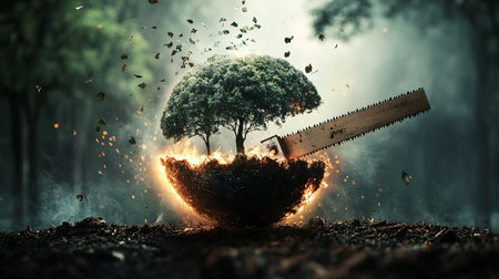 Tree with saw in the ground. Nature concept. 3d renderingの素材