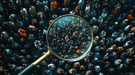 Magnifying glass over crowd of people. Business and finance analysis concept.の素材