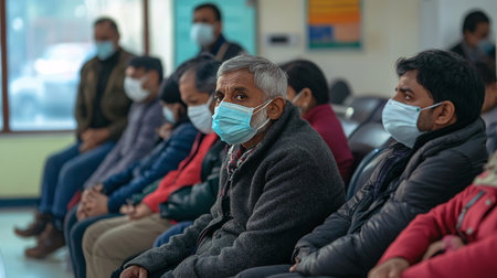 Indian people wearing face mask to prevent the spread of COVID-19 or corona virus while waiting for the train at the railway station.の素材