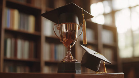 Graduation cap and trophy on bookshelf background. Education conceptの素材