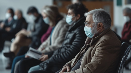 senior man with face mask sitting in waiting hall during pandemicの素材