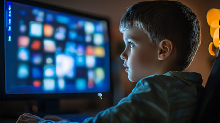 Little boy playing video games on computer at night in dark room.の素材